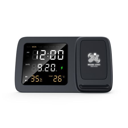Multifunctional Digital Clock with 15W Wireless Charger and Light - Up Logo